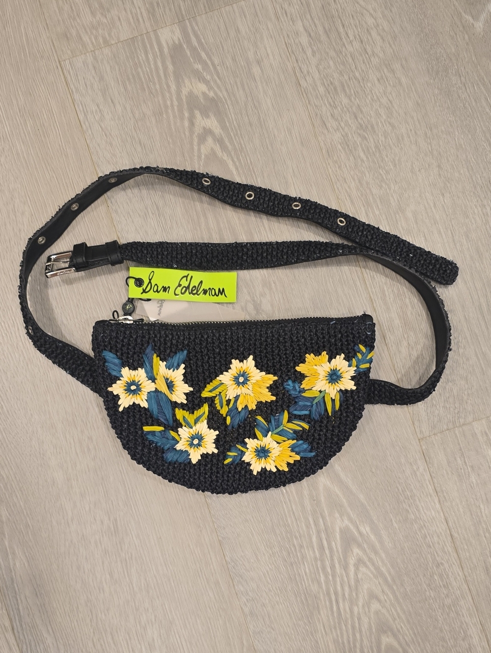 Sam Edelman Black Crochet Floral Waist Bag with Yellow & Blue Embroidery